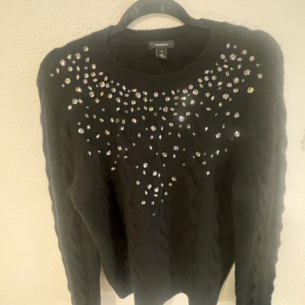 Halogen Black Crew Neck Sweater with Sparkling Embellishments